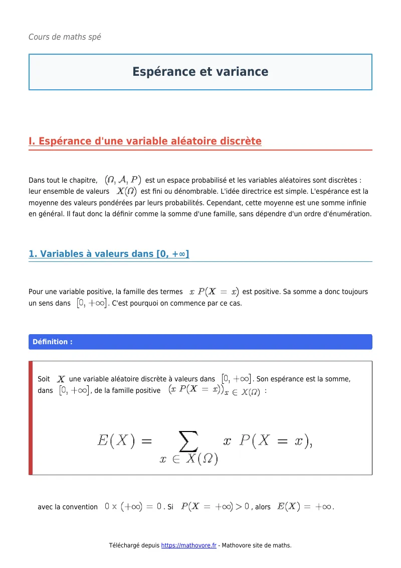 Cours de maths en maths spé : Espérance et variance à télécharger en PDF