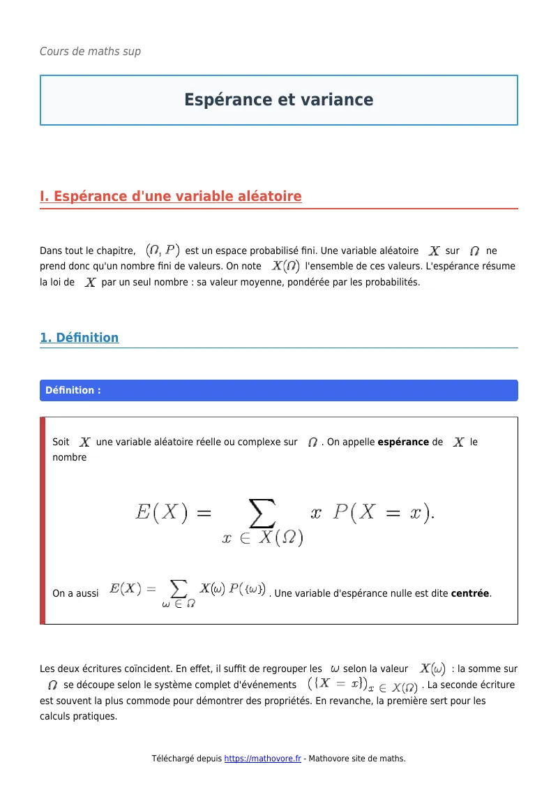 Cours de maths en maths sup : Espérance et variance à télécharger en PDF