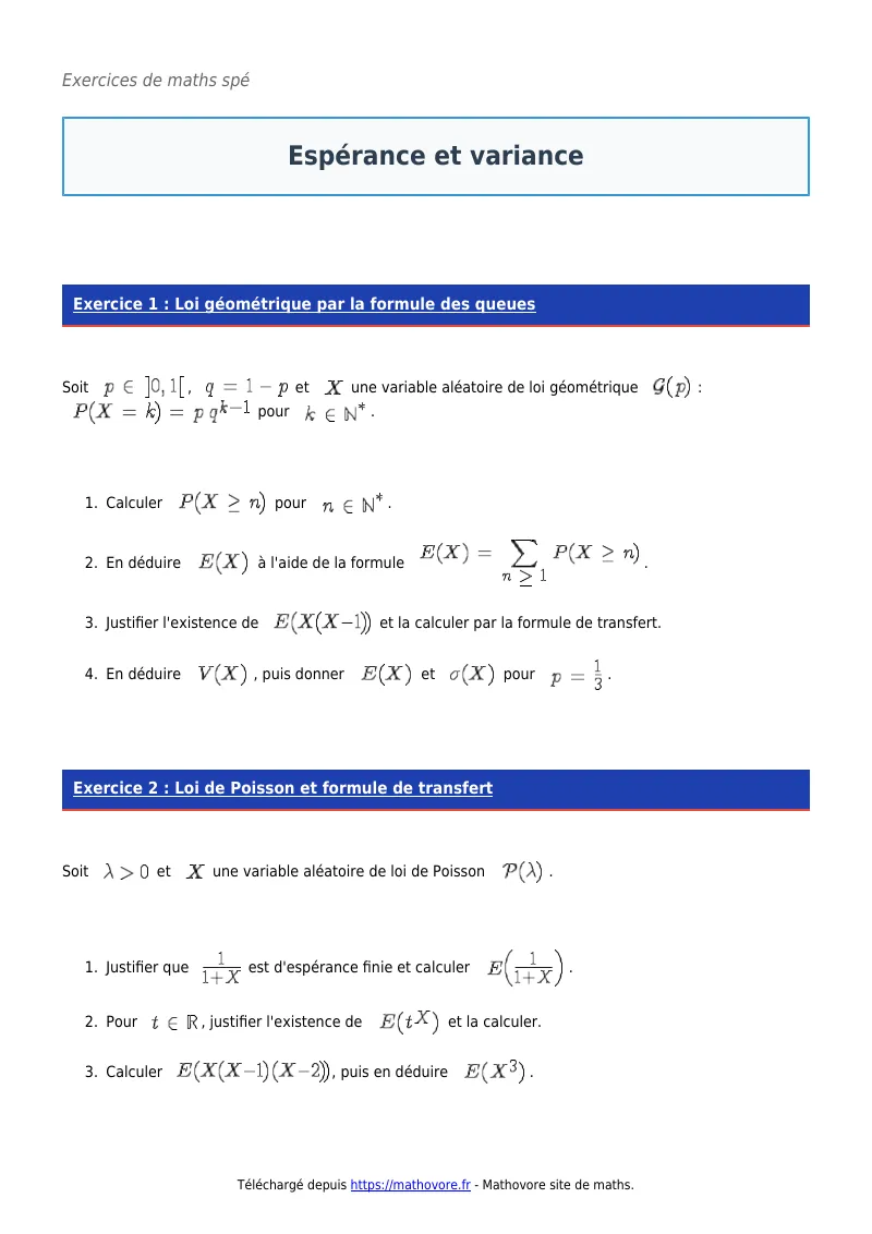 Exercices corrigés de maths en maths spé : Espérance et variance à imprimer en PDF