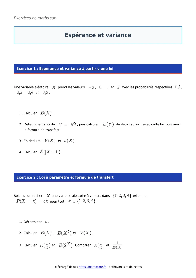 Exercices corrigés de maths en maths sup : Espérance et variance à imprimer en PDF