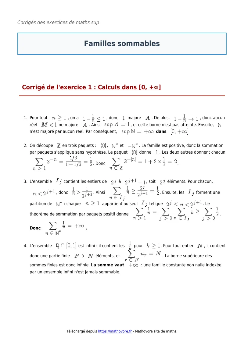 Exercices corrigés de maths en maths sup : Familles sommables à imprimer en PDF