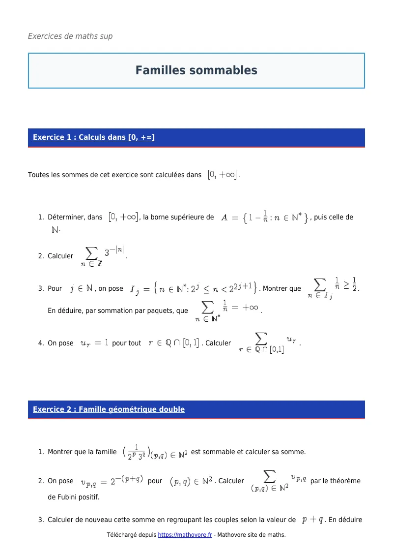 Exercices corrigés de maths en maths sup : Familles sommables à imprimer en PDF