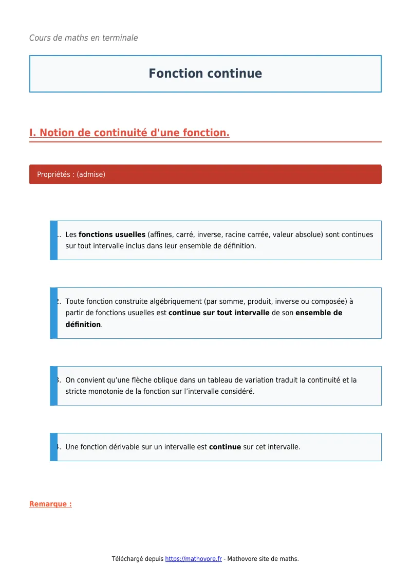 Cours de maths en terminale : Fonction continue à télécharger en PDF