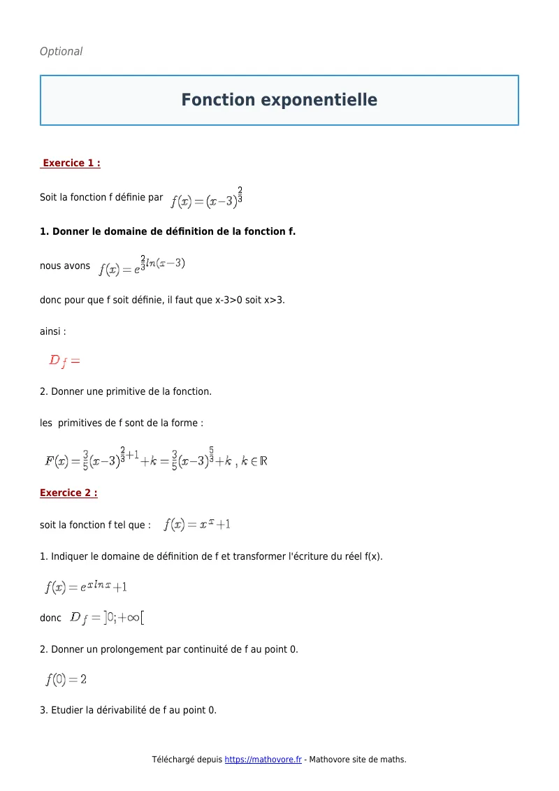 Exercices corrigés de maths en première : Fonction exponentielle à imprimer en PDF