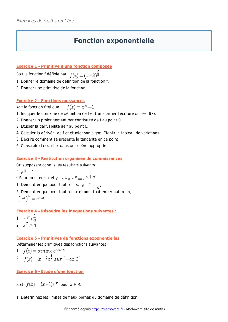 Exercices corrigés de maths en première : Fonction exponentielle à imprimer en PDF