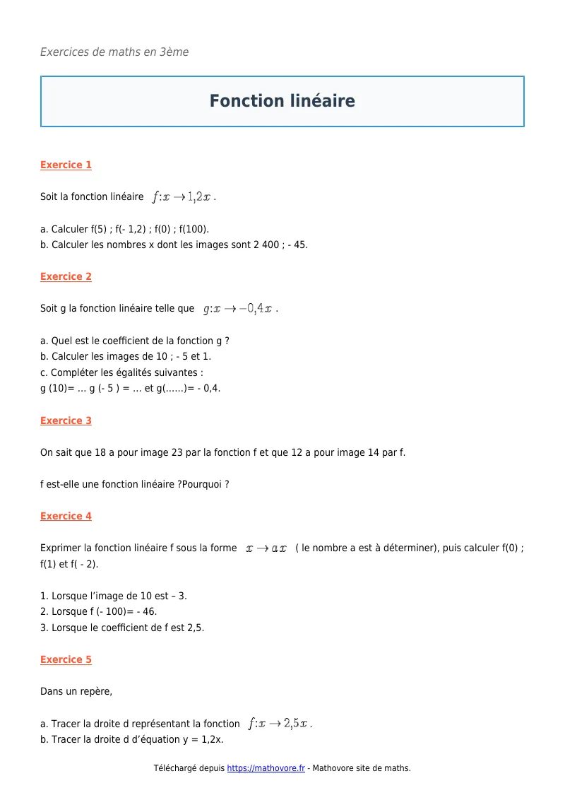 Exercices corrigés de maths en 3ème : Fonction linéaire à imprimer en PDF