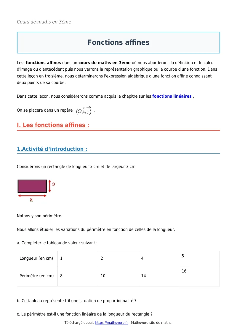 Cours de maths en 3ème : Fonctions affines à télécharger en PDF