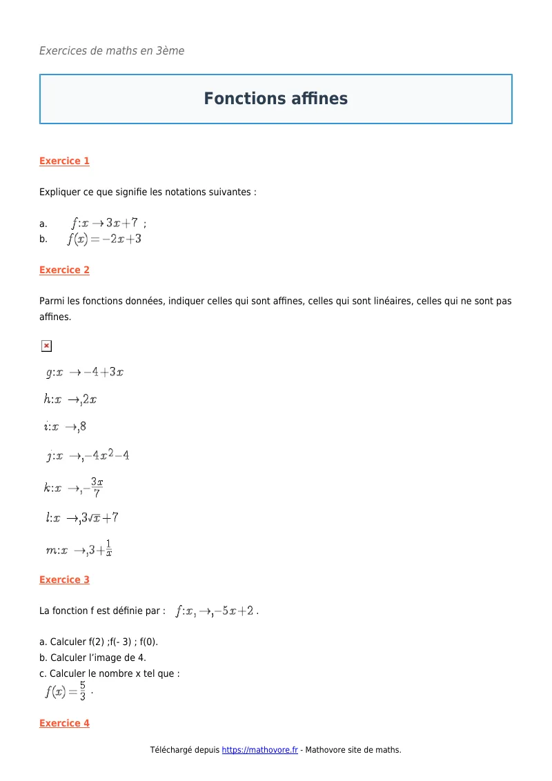 Exercices corrigés de maths en 3ème : Fonctions affines à imprimer en PDF