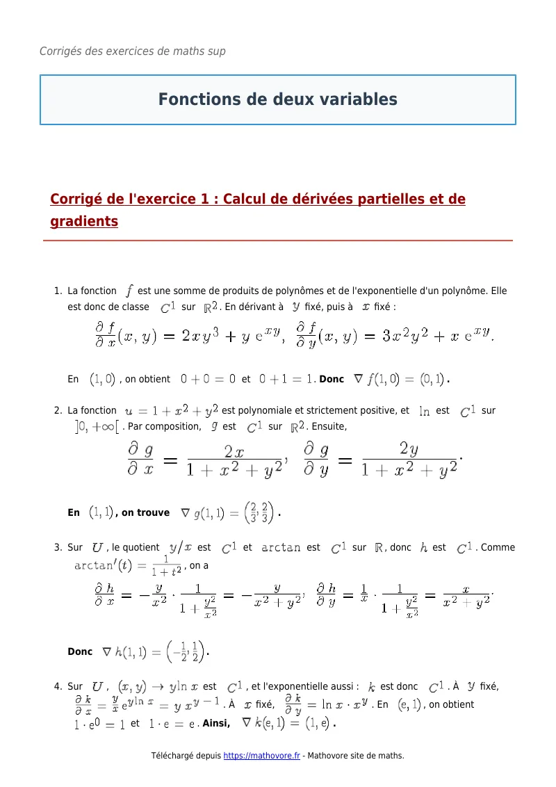 Exercices corrigés de maths en maths sup : Fonctions de deux variables à imprimer en PDF