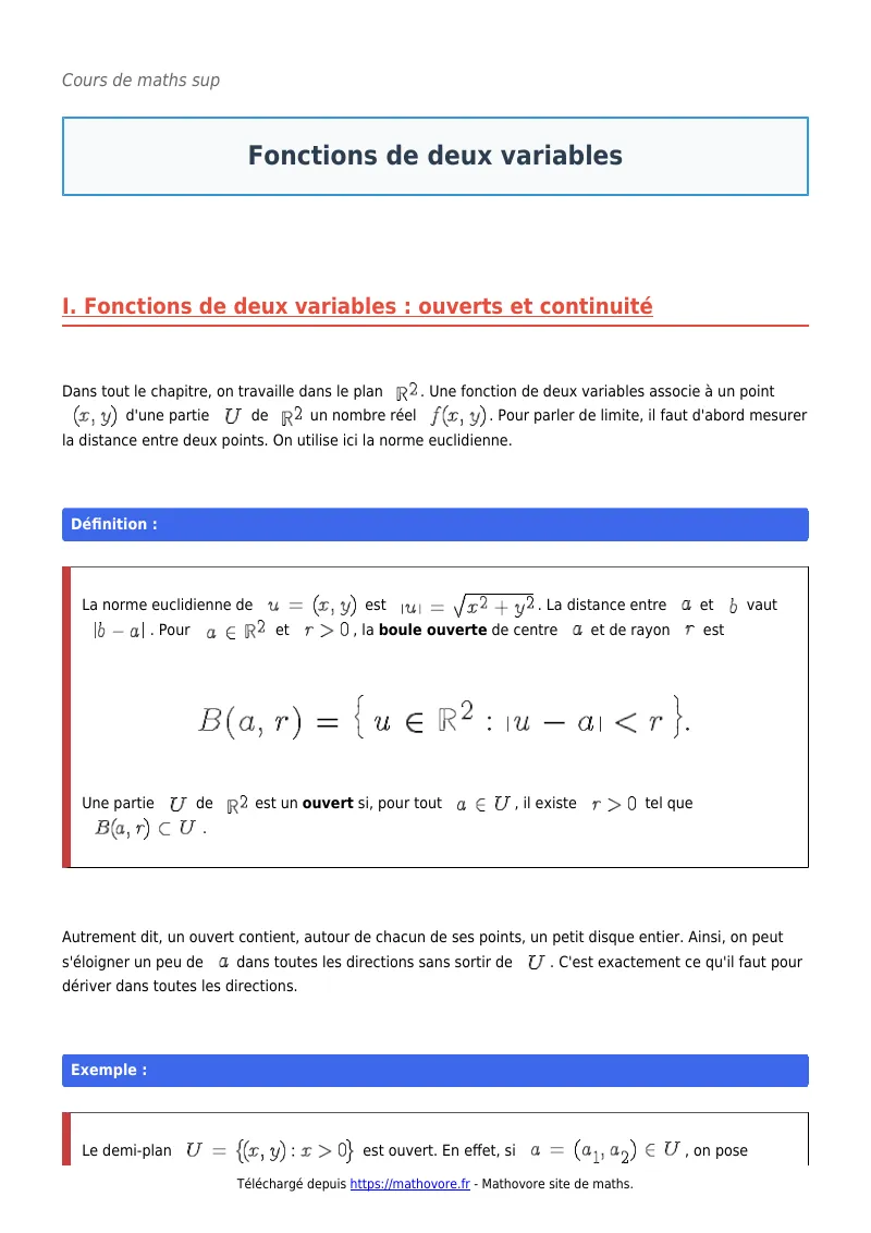 Cours de maths en maths sup : Fonctions de deux variables à télécharger en PDF