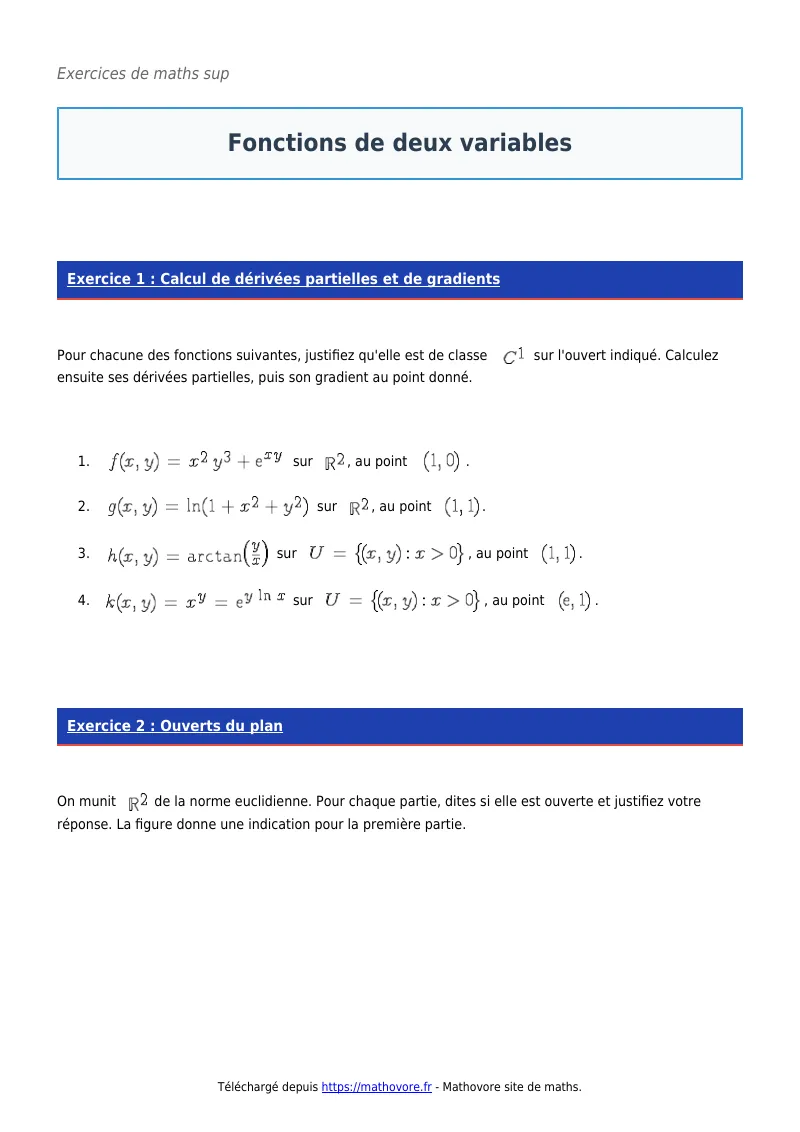 Exercices corrigés de maths en maths sup : Fonctions de deux variables à imprimer en PDF