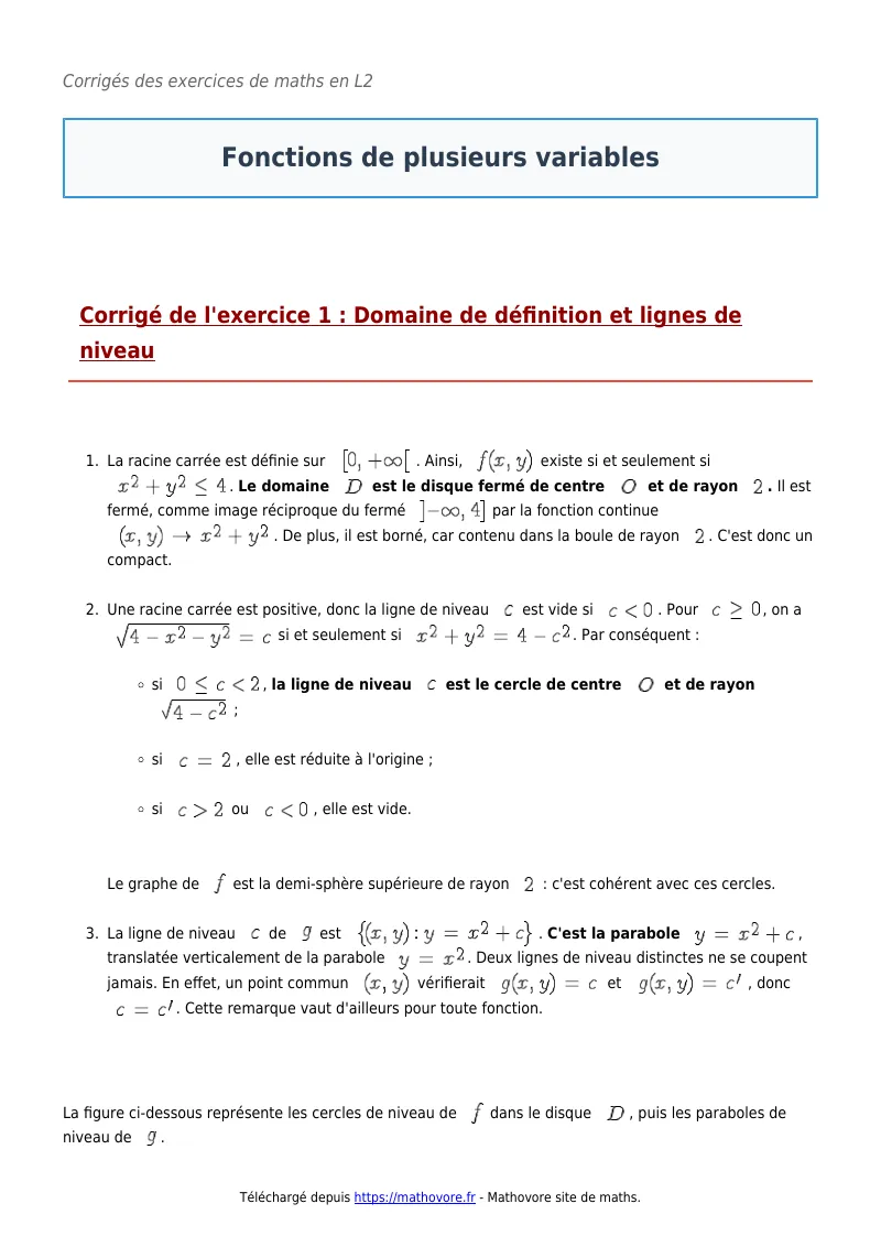 Exercices corrigés de maths en L2 : Fonctions de plusieurs variables à imprimer en PDF