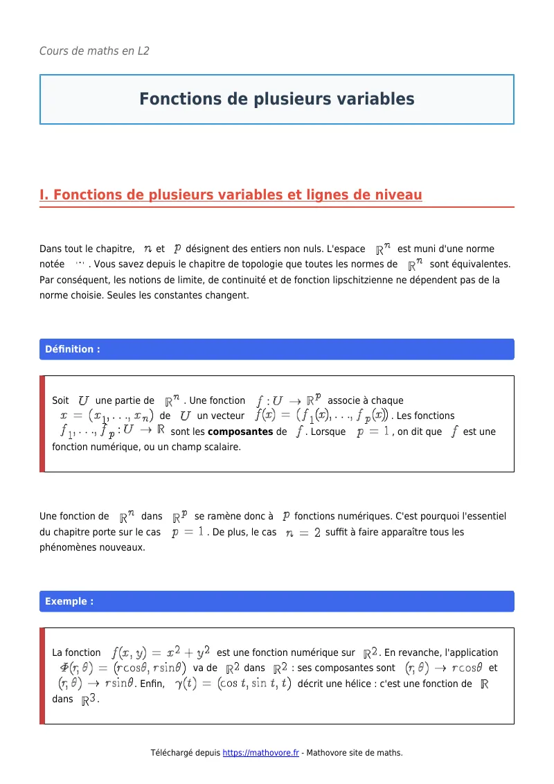 Cours de maths en L2 : Fonctions de plusieurs variables à télécharger en PDF