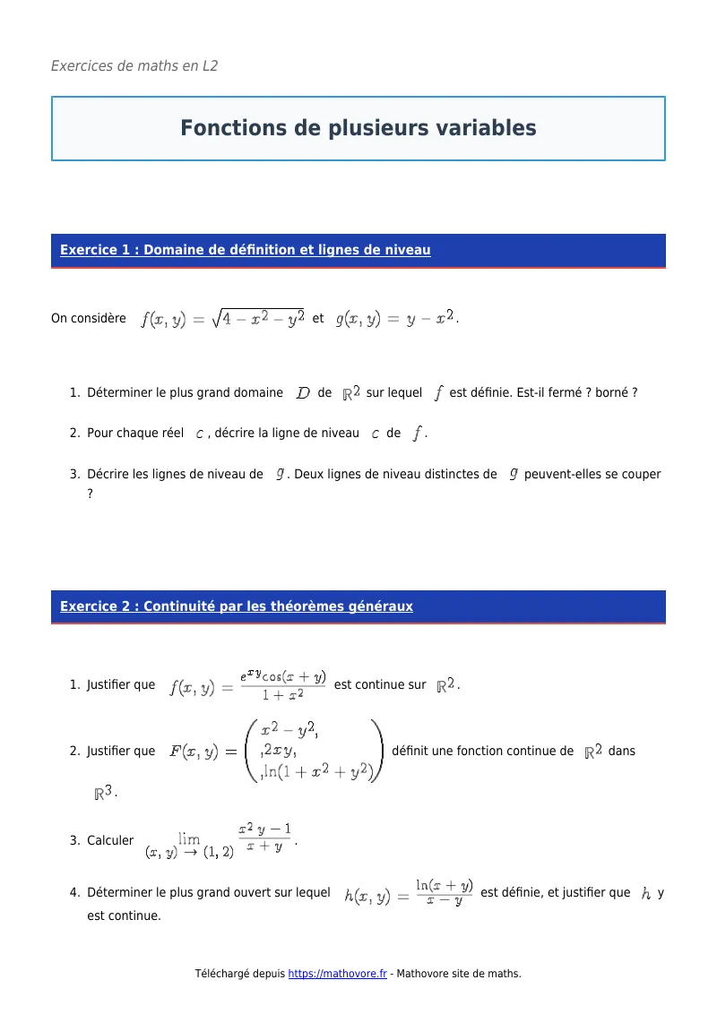Exercices corrigés de maths en L2 : Fonctions de plusieurs variables à imprimer en PDF