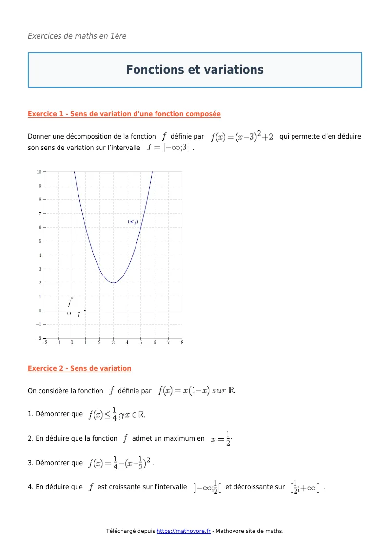 Exercices corrigés de maths en première : Fonctions et variations à imprimer en PDF