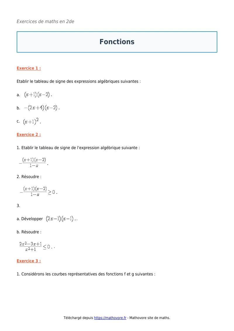 Exercices corrigés de maths en seconde : Fonctions à imprimer en PDF