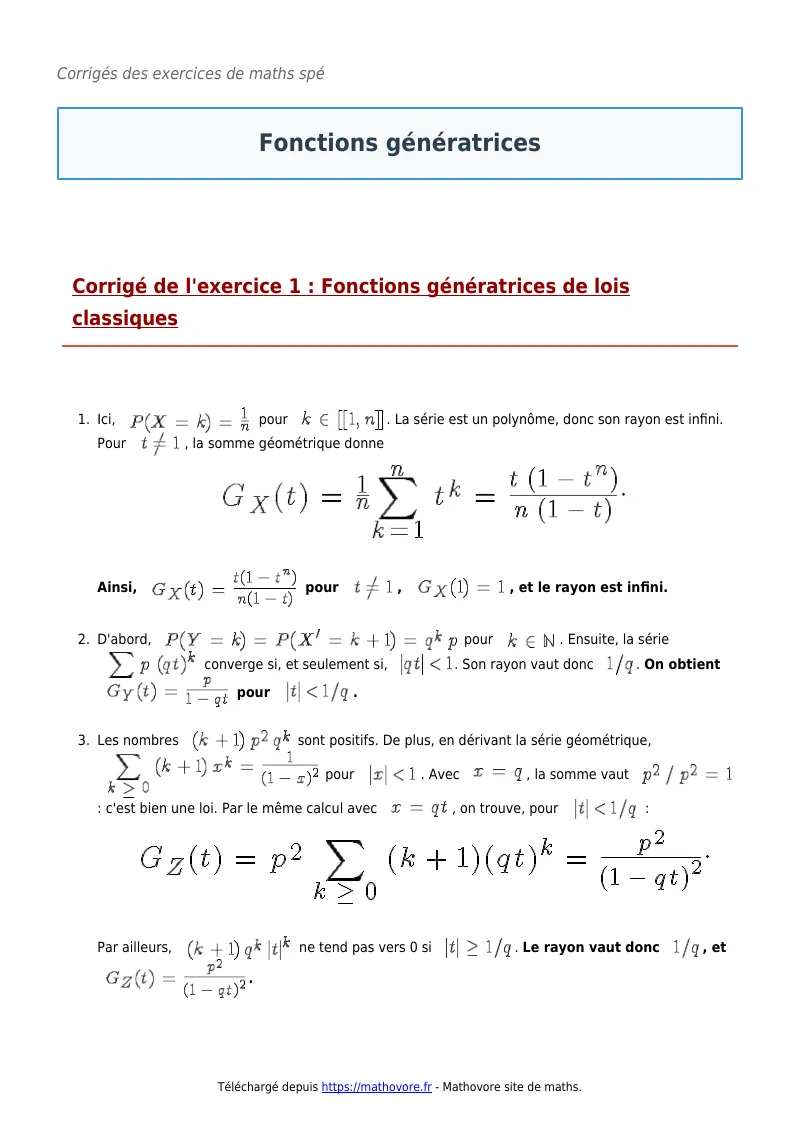 Exercices corrigés de maths en maths spé : Fonctions génératrices à imprimer en PDF