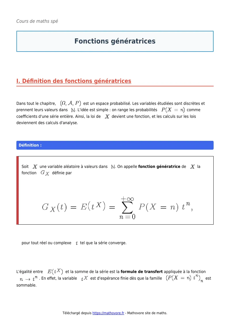 Cours de maths en maths spé : Fonctions génératrices à télécharger en PDF