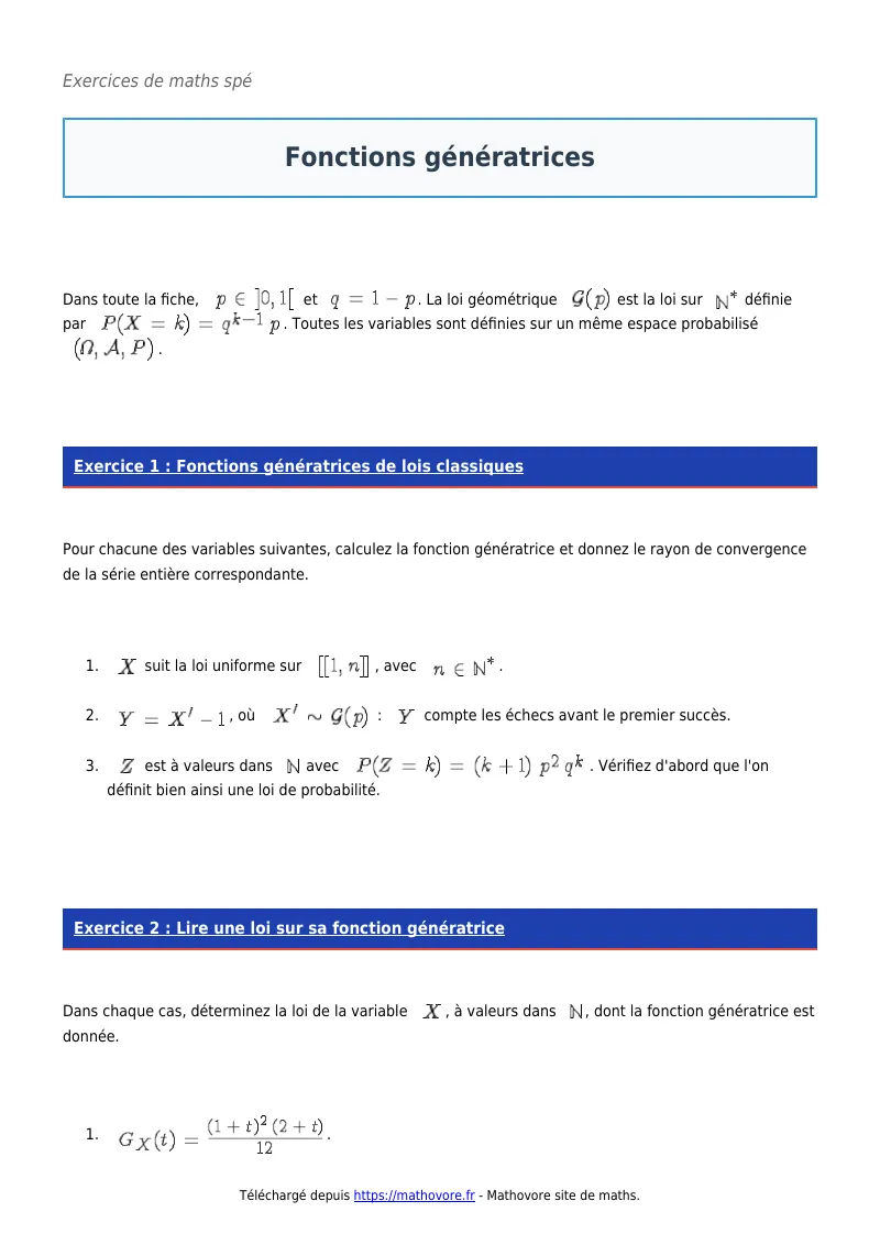 Exercices corrigés de maths en maths spé : Fonctions génératrices à imprimer en PDF
