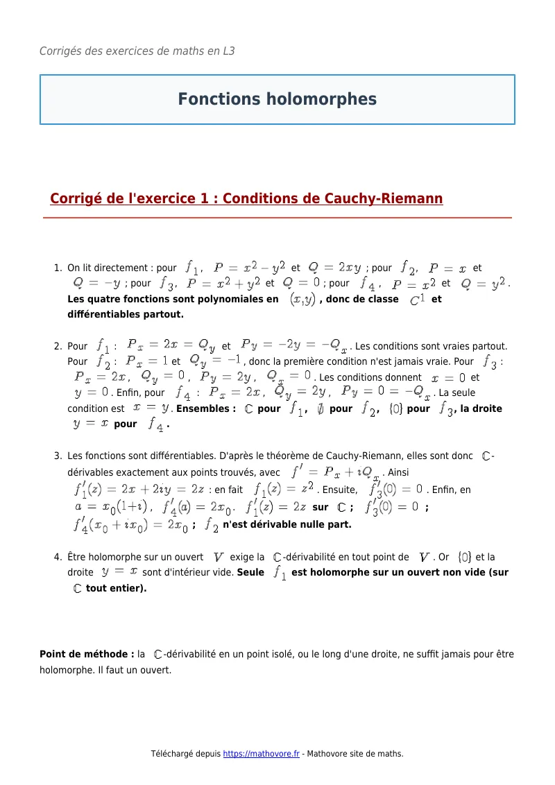 Exercices corrigés de maths en L3 : Fonctions holomorphes à imprimer en PDF