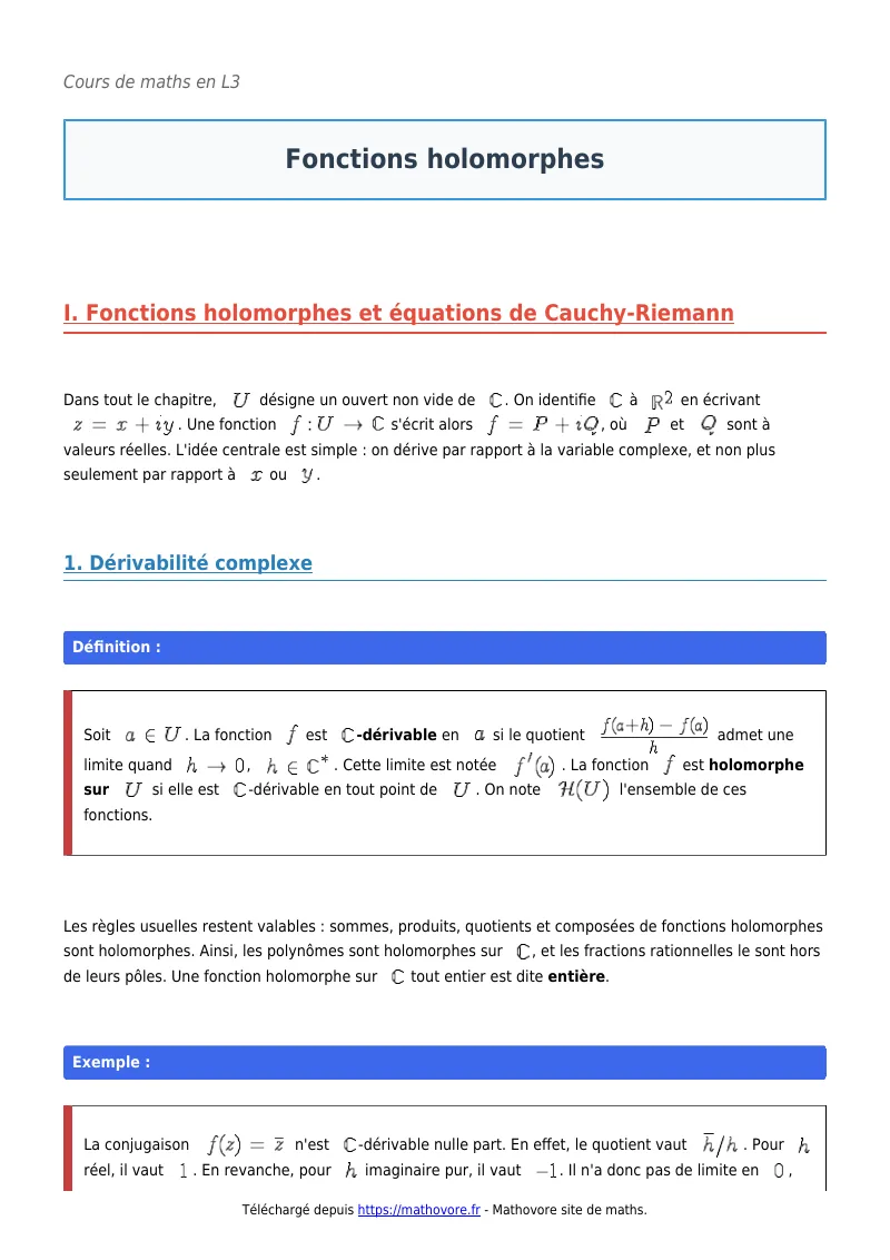 Cours de maths en L3 : Fonctions holomorphes à télécharger en PDF