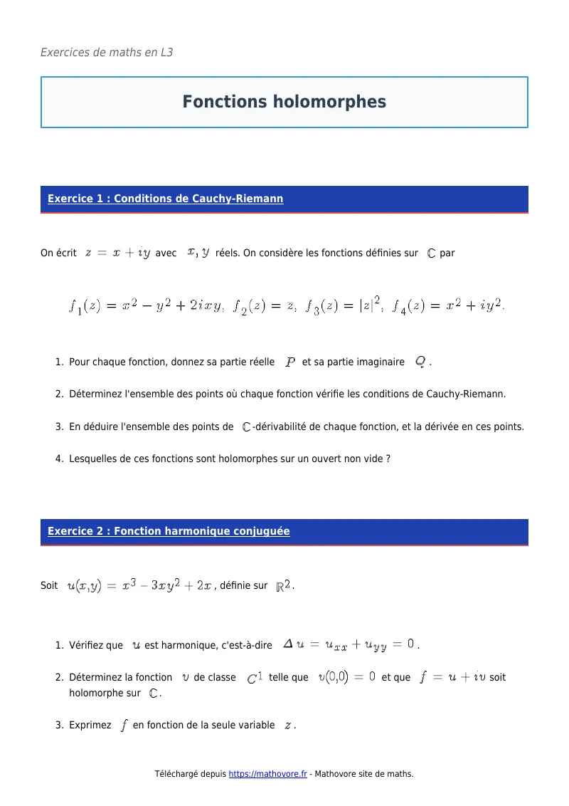 Exercices corrigés de maths en L3 : Fonctions holomorphes à imprimer en PDF