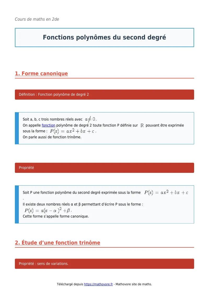 Cours de maths en seconde : Fonctions polynômes du second degré à télécharger en PDF