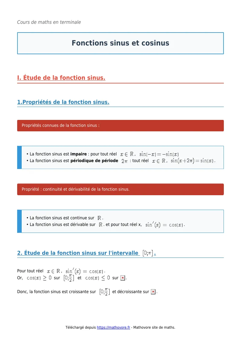 Cours de maths en terminale : Fonctions sinus et cosinus à télécharger en PDF