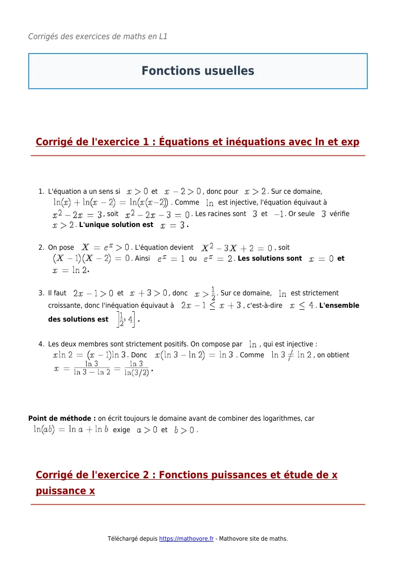 Exercices corrigés de maths en L1 : Fonctions usuelles à imprimer en PDF