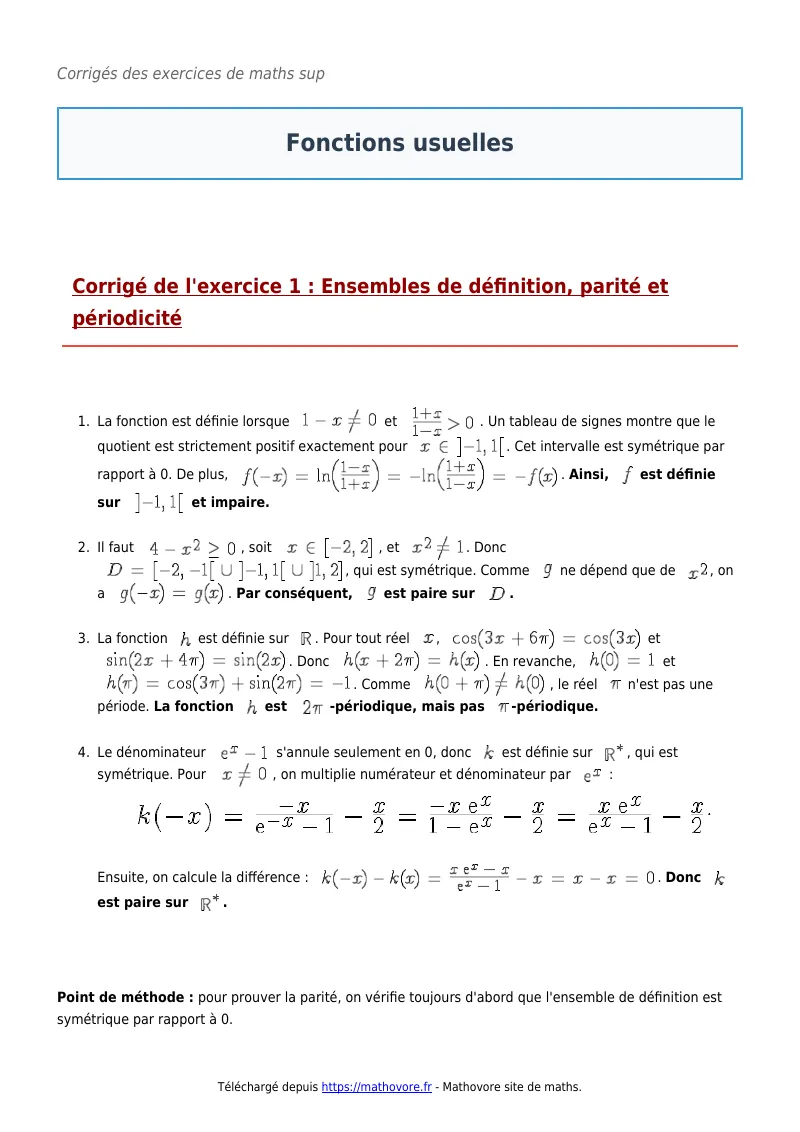 Exercices corrigés de maths en maths sup : Fonctions usuelles à imprimer en PDF