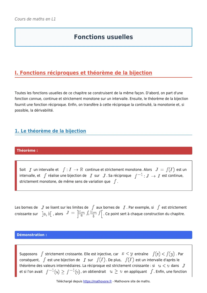 Cours de maths en L1 : Fonctions usuelles à télécharger en PDF