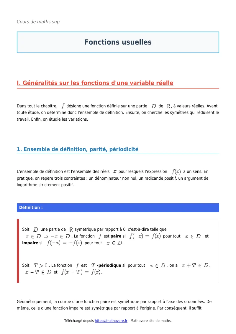 Cours de maths en maths sup : Fonctions usuelles à télécharger en PDF