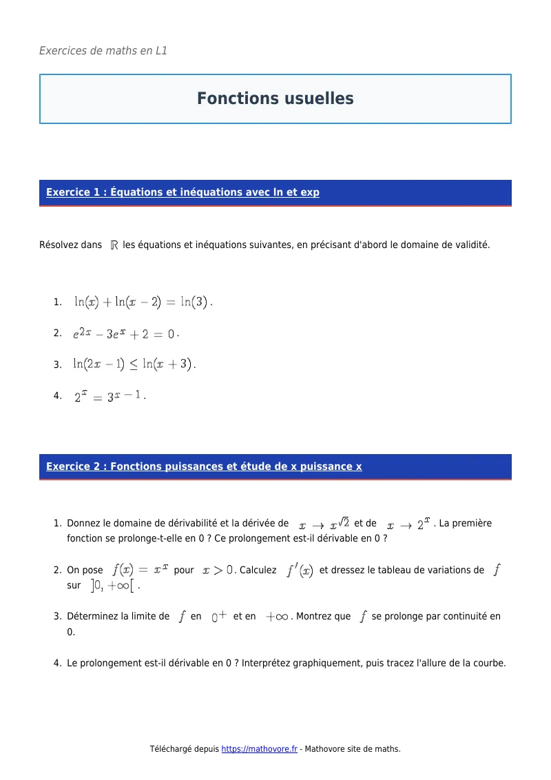Exercices corrigés de maths en L1 : Fonctions usuelles à imprimer en PDF