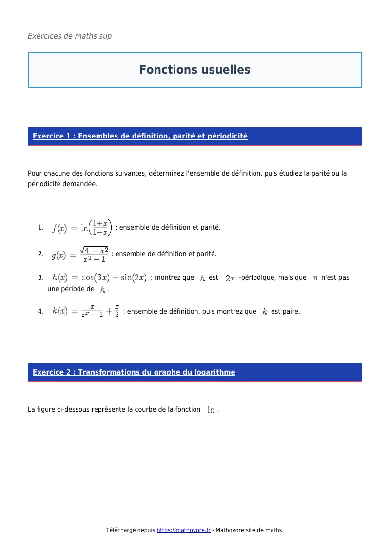 Exercices corrigés de maths en maths sup : Fonctions usuelles à imprimer en PDF