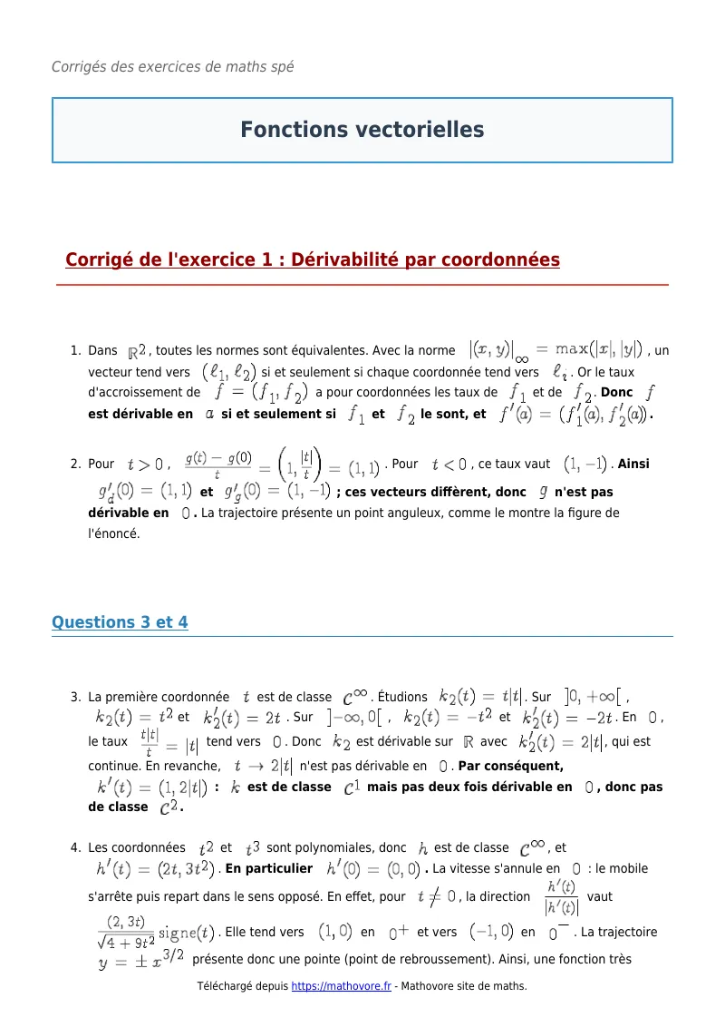 Exercices corrigés de maths en maths spé : Fonctions vectorielles à imprimer en PDF