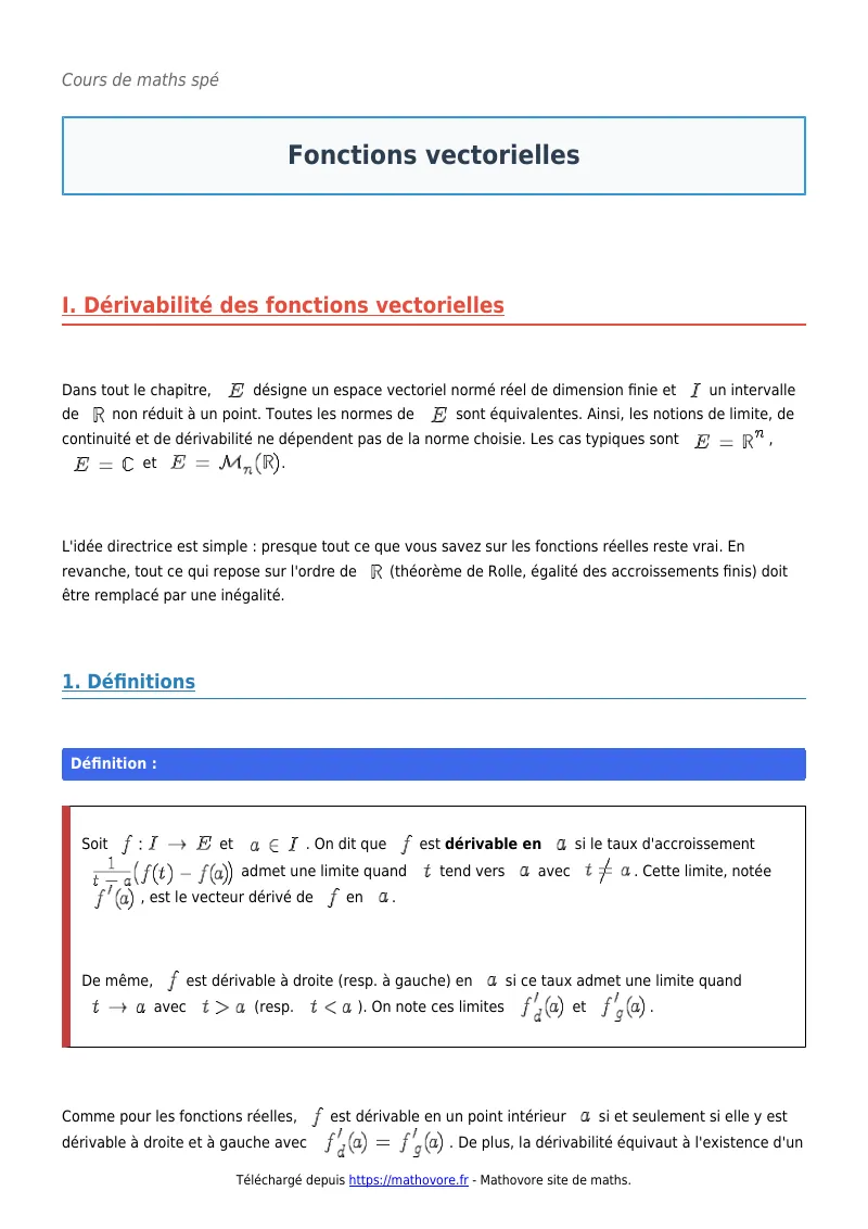 Cours de maths en maths spé : Fonctions vectorielles à télécharger en PDF