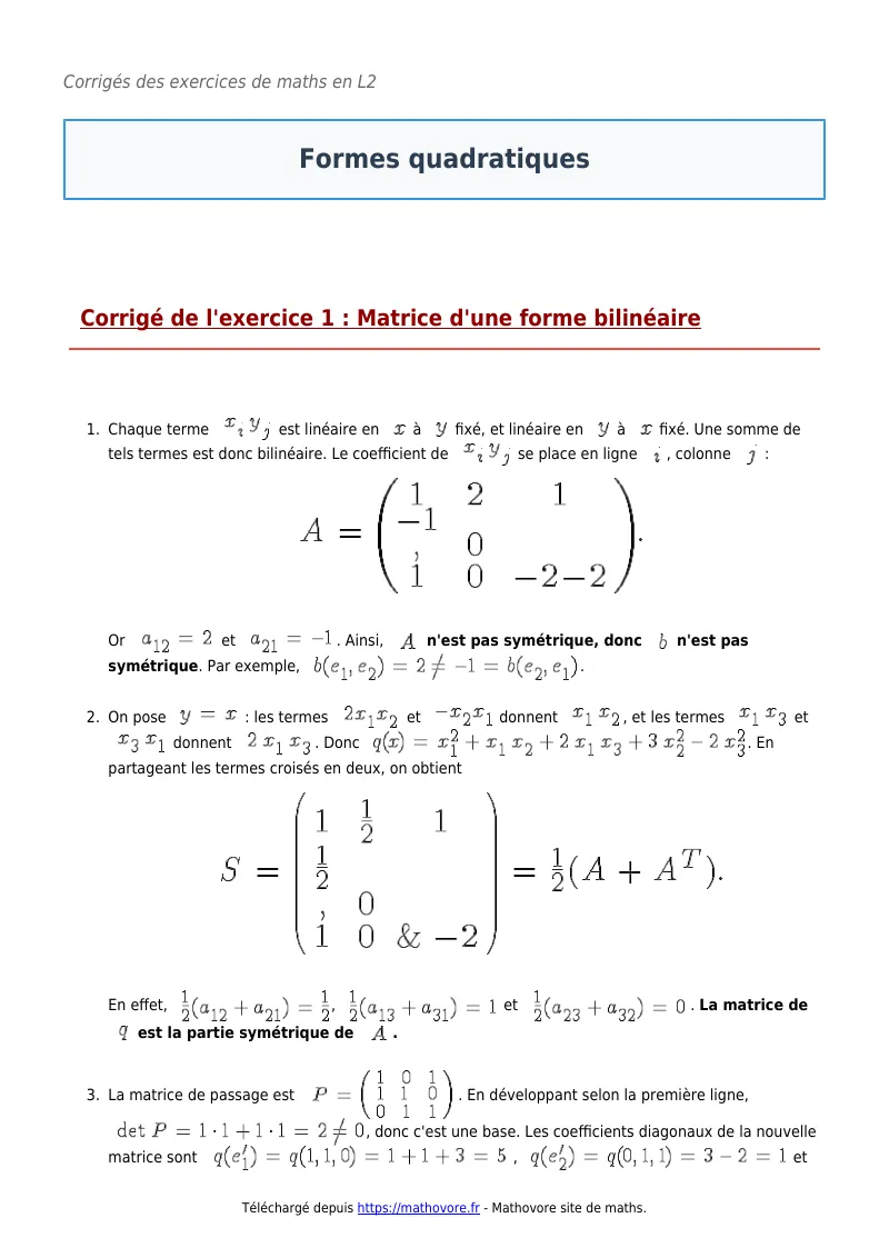 Exercices corrigés de maths en L2 : Formes quadratiques à imprimer en PDF