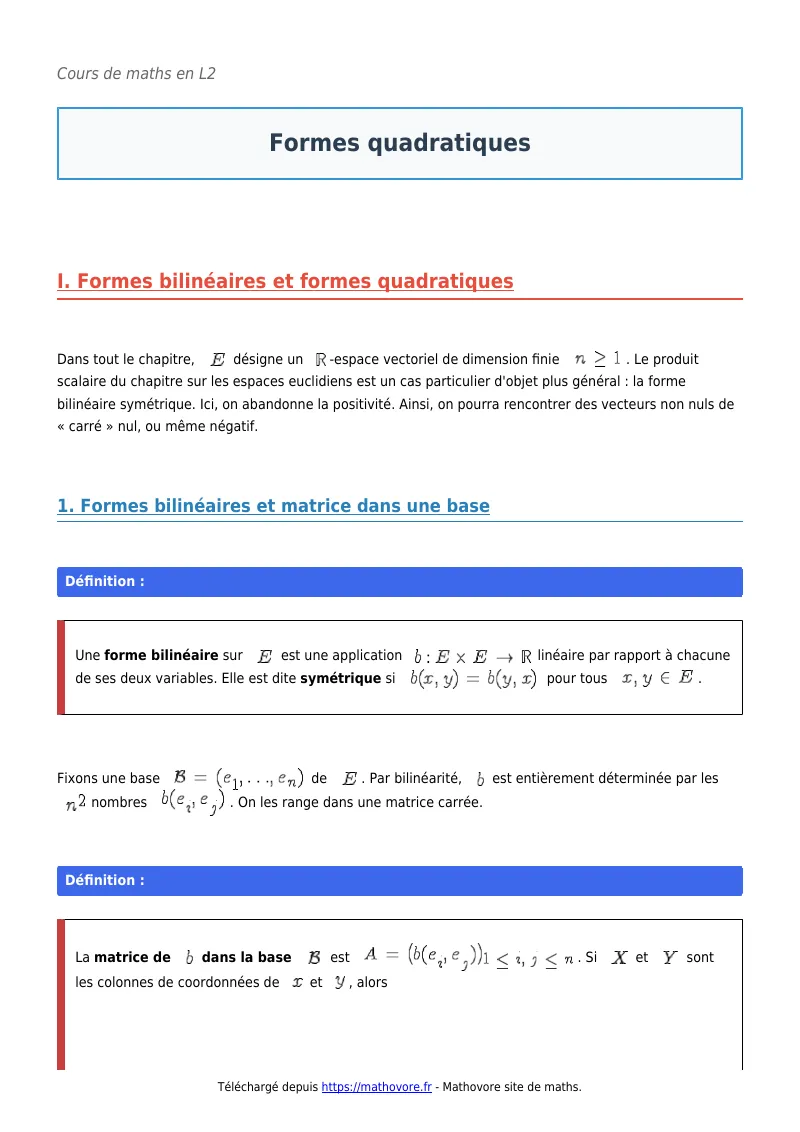 Cours de maths en L2 : Formes quadratiques à télécharger en PDF
