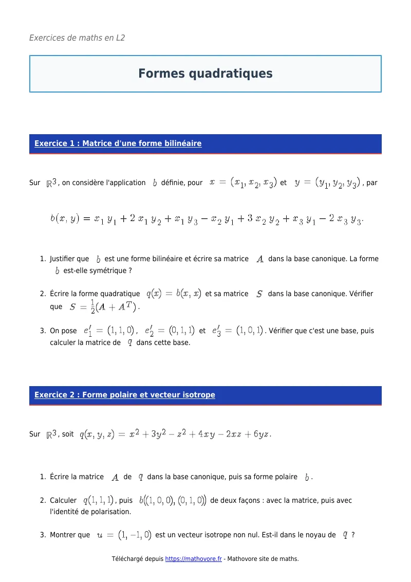 Exercices corrigés de maths en L2 : Formes quadratiques à imprimer en PDF