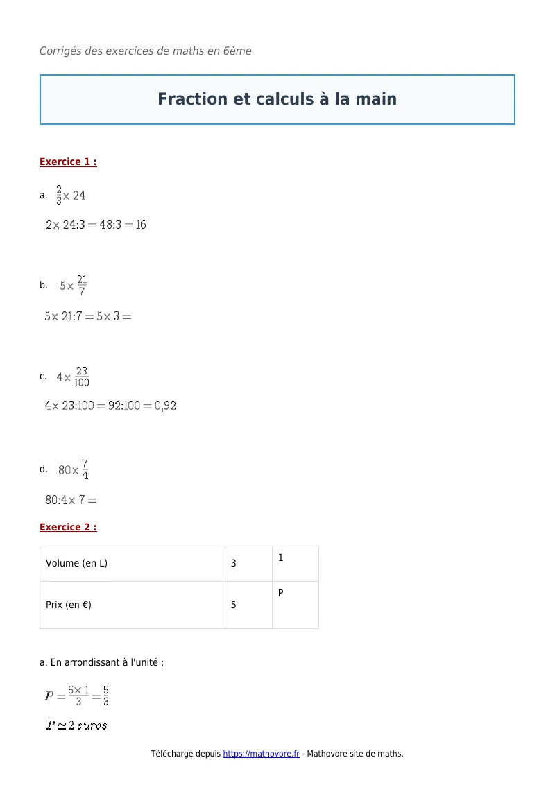 Exercices corrigés de maths en 6ème : Fraction et calculs à la main à imprimer en PDF