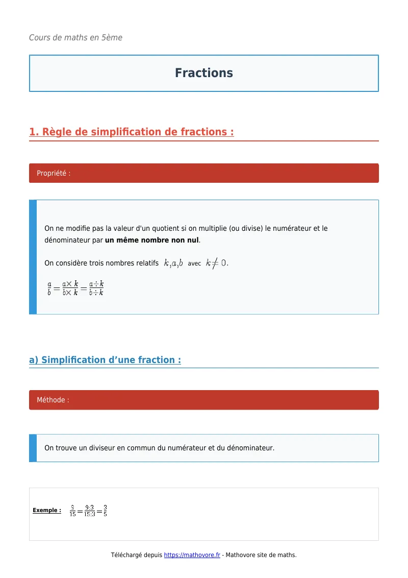 Cours de maths en 5ème : Fractions à télécharger en PDF