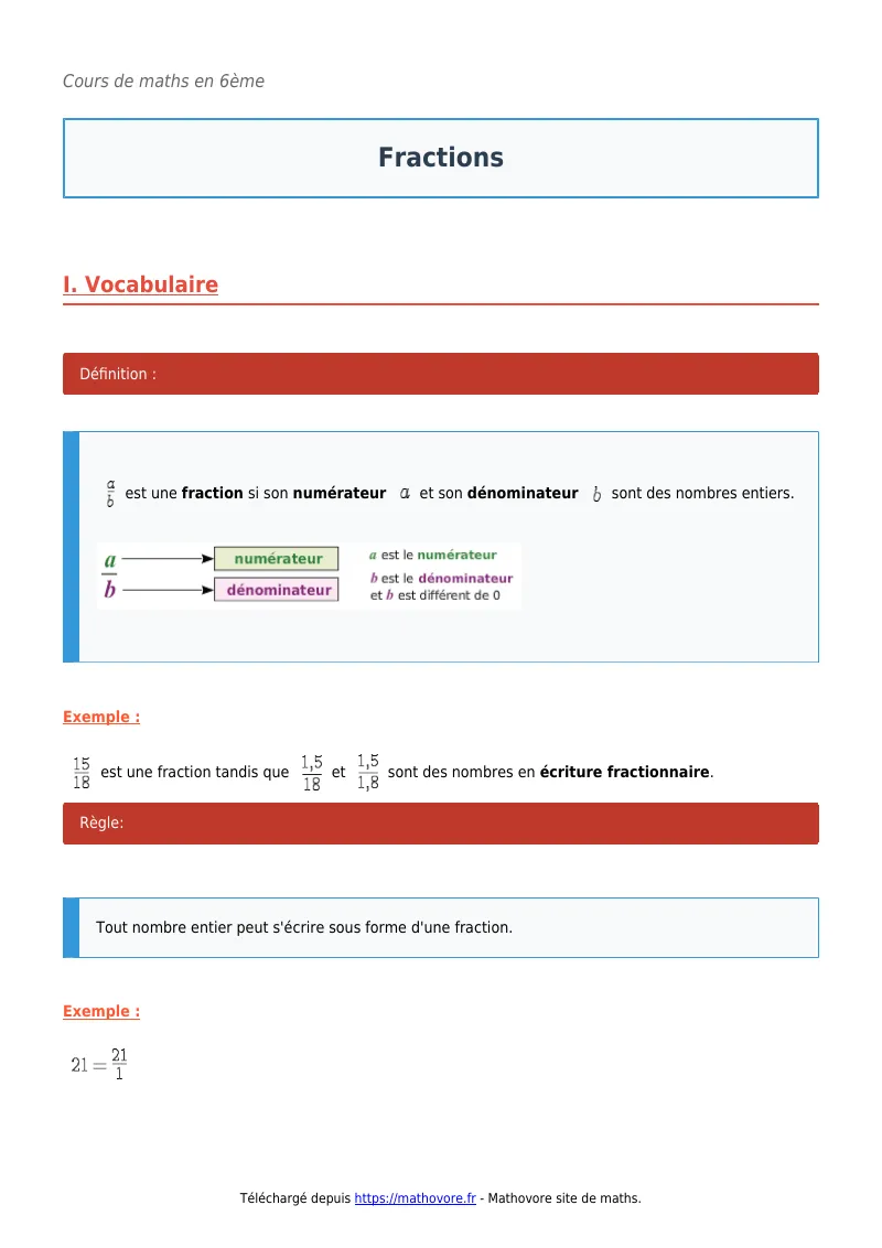 Cours de maths en 6ème : Fractions à télécharger en PDF