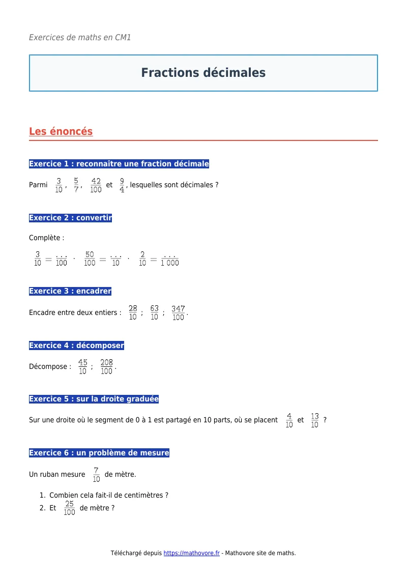 Exercices corrigés de maths en CM1 : Fractions décimales à imprimer en PDF