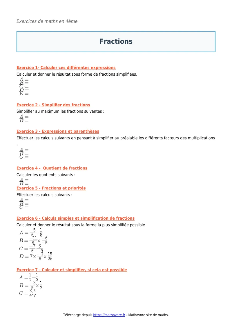 Exercices corrigés de maths en 4ème : Fractions à imprimer en PDF