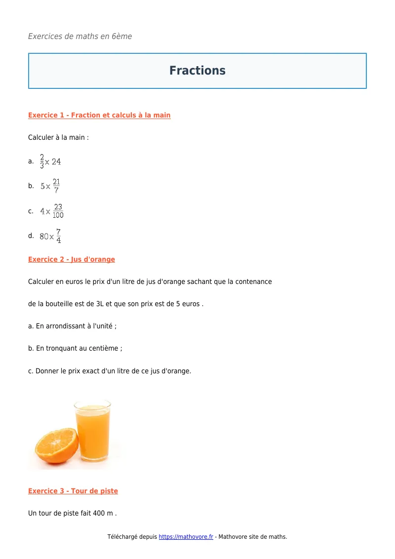 Exercices corrigés de maths en 6ème : Fractions à imprimer en PDF