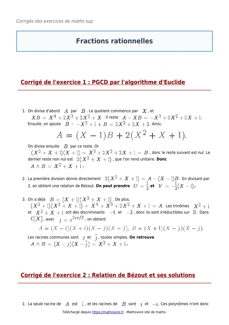 Exercices corrigés de maths en maths sup : Fractions rationnelles à imprimer en PDF
