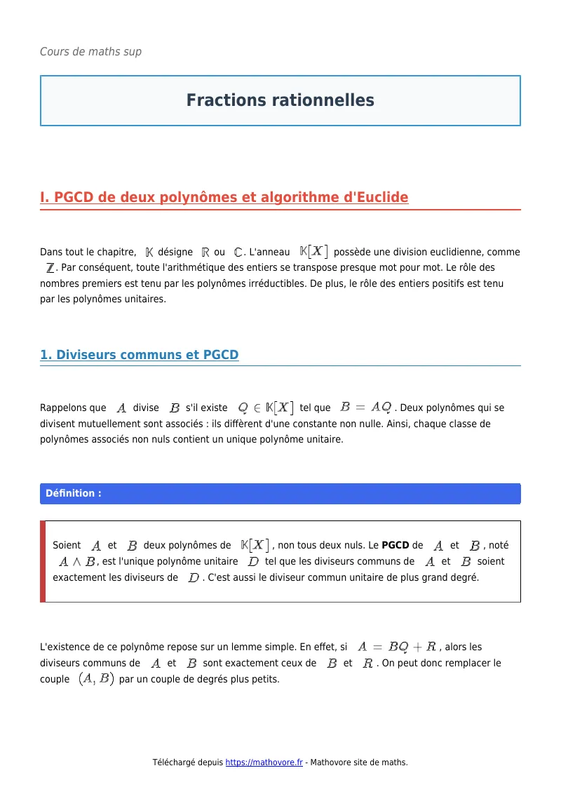 Cours de maths en maths sup : Fractions rationnelles à télécharger en PDF