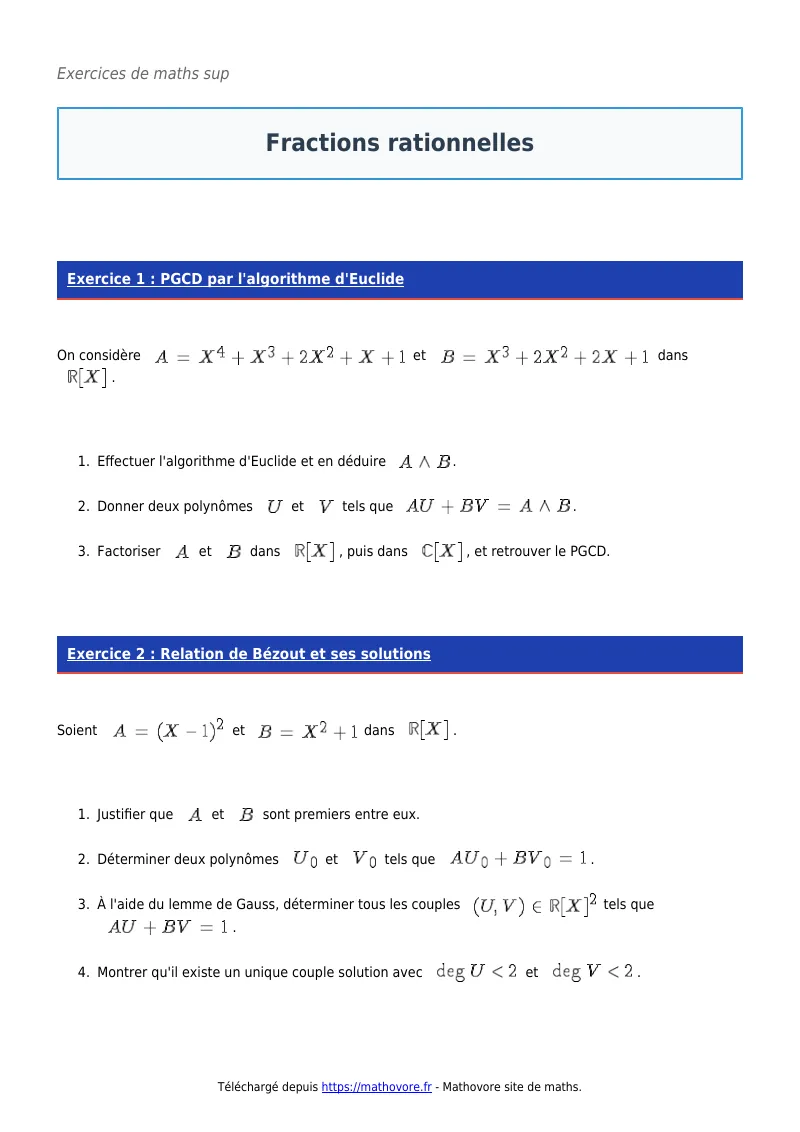 Exercices corrigés de maths en maths sup : Fractions rationnelles à imprimer en PDF