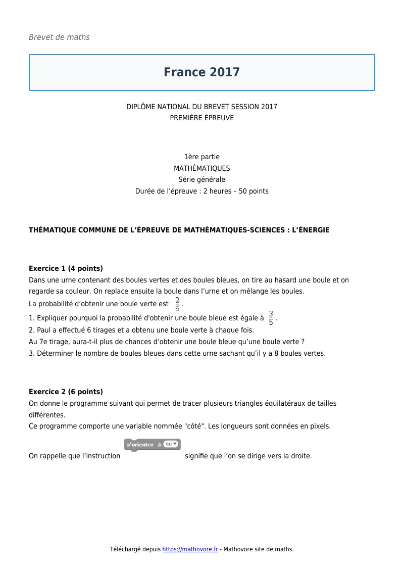 Brevet de maths : France 2017 corrigé en PDF