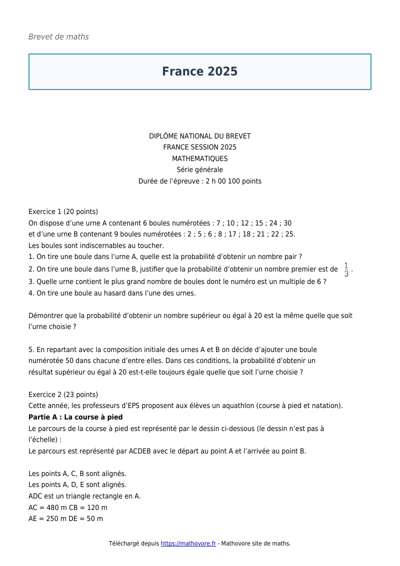 Brevet de maths : France 2025 corrigé en PDF